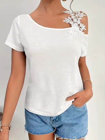 Women Lace Patchwork One Shoulder T-Shirt Summer Solid Color Short Sleeve Knitted Top Elegant Casual Streetwear Tee