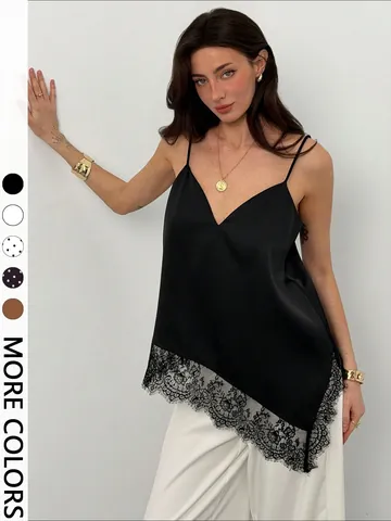 Canotta Sexy da Donna Scollo a V in Poliestere con Patchwork di Pizzo Orlo Irregolare Top Cami in Raso Top Senza Maniche Estivo Moda