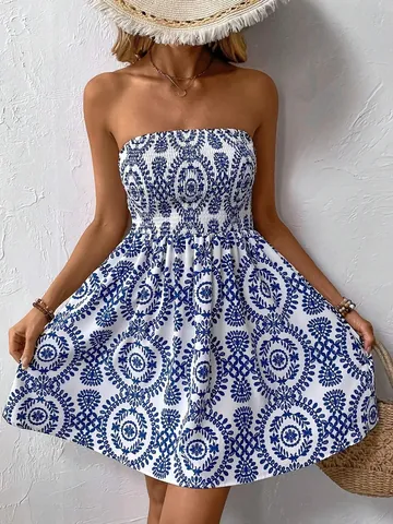 Women Elegant Blue Floral Print Strapless Mini Dress Smocked Bodice A-Line Vacation Summer Beach Dress Polyester Short Dress