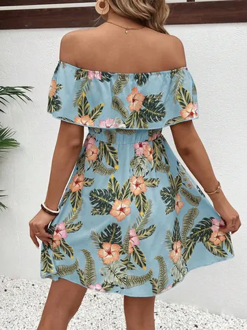 Women Elegant Tropical Floral Printed Off-Shoulder Ruffle Mini Dress Summer Casual A-Line Vacation Party Dress Light Blue