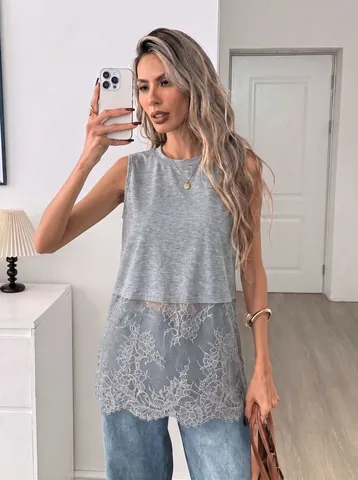 Women's Elegant Sleeveless Tank Top Polyester Spandex Lace Patchwork Round Neck Solid Color Polka Dot Casual Summer T-Shirt