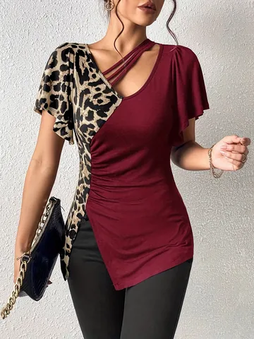 Women's Asymmetrical Neck Leopard Print Patchwork Top Elegant Butterfly Sleeve Slim Fit Ruching Commuter Fashion T-Shirt Blouse