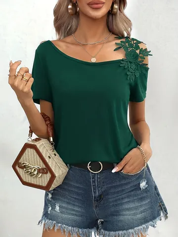 Women Lace Patchwork One Shoulder T-Shirt Summer Solid Color Short Sleeve Knitted Top Elegant Casual Streetwear Tee