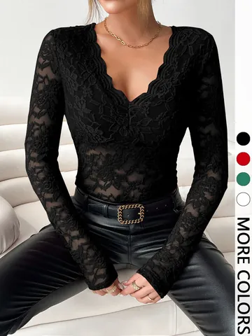 Women Elegant Scalloped V Neck Lace Top Slim Fit Long Sleeve Solid Color Polyamide See Through Blouse Casual Pullover Top