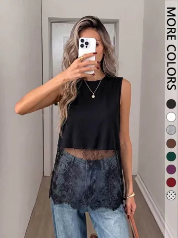 Women's Elegant Sleeveless Tank Top Polyester Spandex Lace Patchwork Round Neck Solid Color Polka Dot Casual Summer T-Shirt