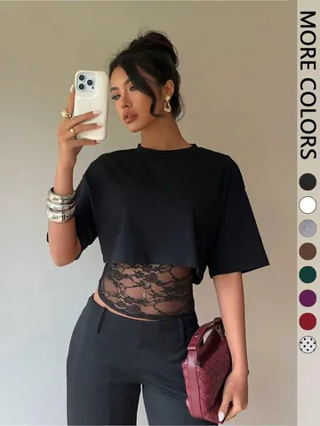 Women Mock Two Piece Lace Patchwork T-Shirt Sexy Hollow Out Slim Fit Short Sleeve Crop Top Round Neck Solid Tee
