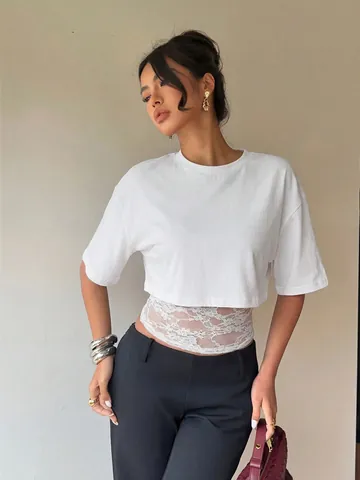 Women Mock Two Piece Lace Patchwork T-Shirt Sexy Hollow Out Slim Fit Short Sleeve Crop Top Round Neck Solid Tee
