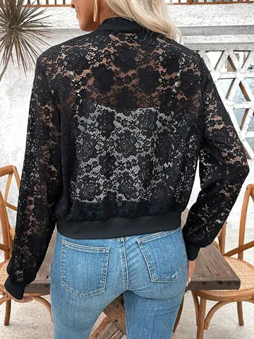Women Elegant Floral Jacquard Lace See Through Zipper Short Jacket Top Polyester Long Sleeve Outerwear For Daily Party