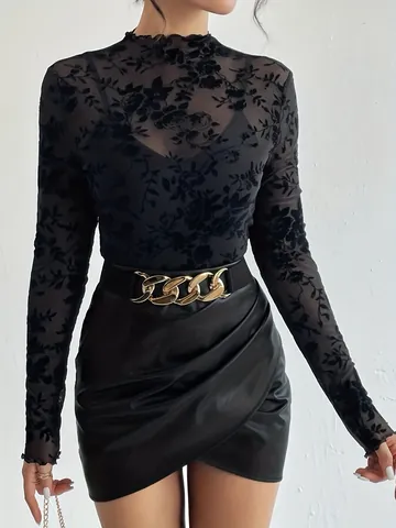 Women's Mock Neck Mesh Sheer Top Floral Flocking Long Sleeve See Through Slim Fit Elegant Commuter Blouse Shirt Top