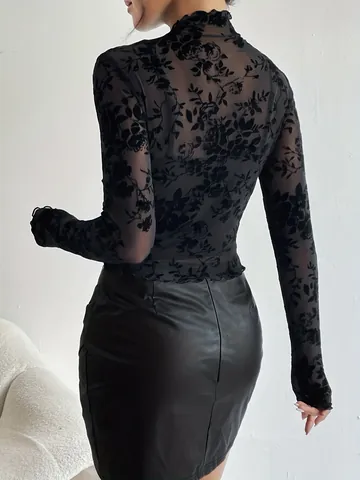 Women's Mock Neck Mesh Sheer Top Floral Flocking Long Sleeve See Through Slim Fit Elegant Commuter Blouse Shirt Top