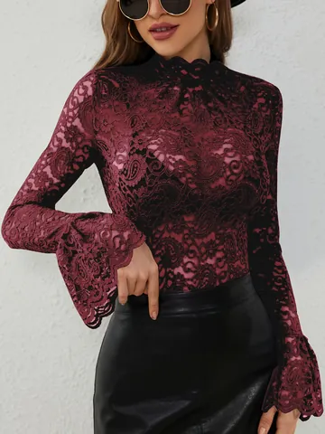 Women's Sexy Paisley Lace Slim Fit Mock Neck Flare Sleeve Top Long Sleeve See-Through Blouse For Party Clubwear
