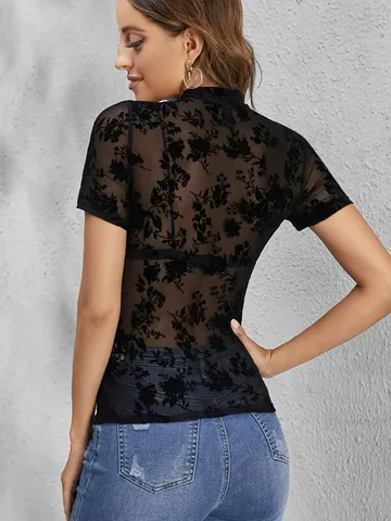 Elegant Women Mesh Flocking Floral Printed Top Mock Neck Short Sleeve Sheer Tee Slim Fit Polyester T-Shirt Ladies Clothes