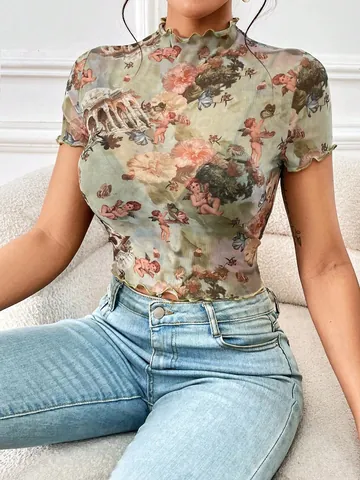 Camiseta de Malla Elegante para Mujer Estampado Vintage Querubín Floral Borde de Lechuga Cuello Alto Ajustada Manga Corta