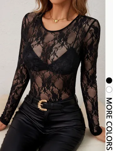 T-Shirt Élégant à Manches Longues en Dentelle pour Femmes Coupe Ajustée Col Rond Transparent Floral Nylon Élasthanne Patchwork Top
