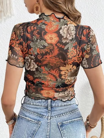 Women Retro Botanical Floral Printed Mesh T-Shirt Lettuce Edge Mock Neck Short Sleeve Slim Fit Cropped Top Casual Mesh Tee
