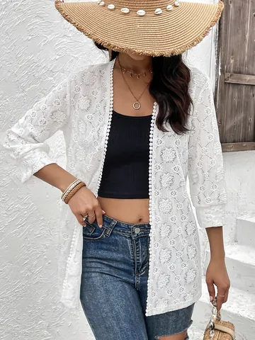 Cárdigan Elegante de Patchwork de Encaje para Mujer Cuello en V Manga Tres Cuartos Capa Calada Elegante Chaqueta de Encaje Blanco para Playa Vacaciones Diario