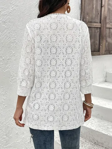 Cárdigan Elegante de Patchwork de Encaje para Mujer Cuello en V Manga Tres Cuartos Capa Calada Elegante Chaqueta de Encaje Blanco para Playa Vacaciones Diario