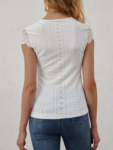 Women's Slim Fit V Neck Lace Splicing Short Sleeve T-Shirt Elegant White Patchwork Button Decoration Hollow Out Top