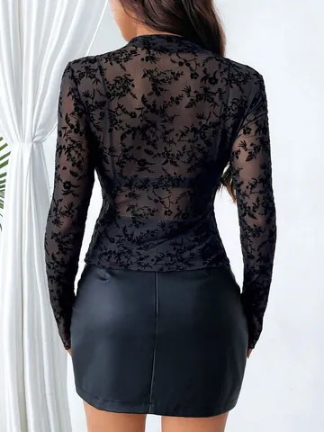 Women Sheer Mesh Mock Neck Top Long Sleeve Flocking Floral Print Slim Fit Transparent Polyester Base Layer Shirt