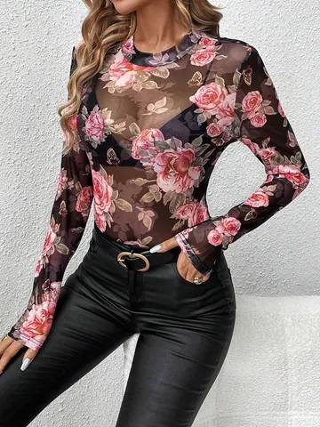 Top da Donna Elegante con Stampa Floreale Rosa Collo Lupetto in Mesh a Maniche Lunghe Slim Fit T-Shirt in Mesh Trasparente di Poliestere Moda Primavera