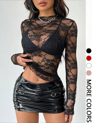 Haut en Dentelle Élégant pour Femmes Coupe Slim Ajouré Transparent Manches Longues à Volants Col Montant Blouse Sexy