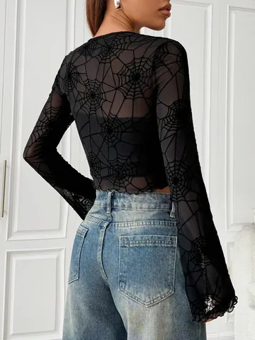 Elegant Women Black Sheer Mesh Top Gothic Spider Web Printed Long Sleeve Lettuce Edge Sexy Slim T-Shirt Party Clubwear
