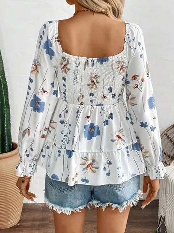 Women Elegant Floral Print Smocked Long Sleeve Blouse Square Neck Ruffle Peplum Top White Polyester Casual Fall Spring Clothes