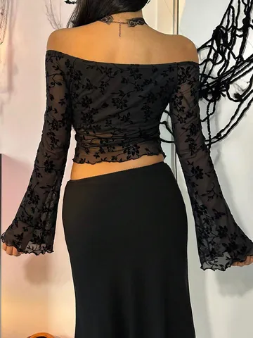 Elegant Floral Mesh Off-Shoulder Top For Women Gothic Bell Sleeve Sheer Polyester T-Shirt Irregular Hem Casual Black Blouse
