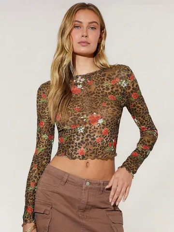 Women Sexy Leopard Floral Print Mesh Long Sleeve Crop Top Crew Neck Lettuce Trim Slim Fit T-shirt Autumn Streetwear Fashion