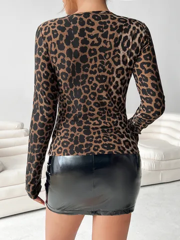 T-Shirt Sexy à Imprimé Léopard pour Femmes Évidé Col Rond Manches Longues Coupe Étroite Haut Élégant Style Navette