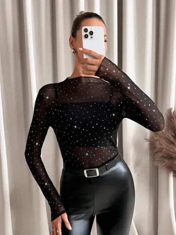 Women Long Sleeve Mesh T-Shirt Small Stand Collar Transparent Rhinestone Decorative Polyester Slim Fit Top For Party Fashion