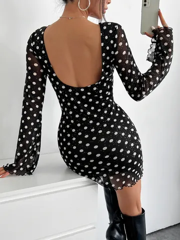 Women Elegant Polka Dot Printed Mesh Mini Dress Backless Long Flare Sleeve Bodycon Sexy Party Top And Bottom Style