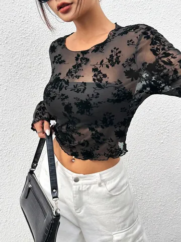 Women Sexy Mesh Sheer Long Sleeve T-Shirt Floral Flocked Slim Round Neck Y2K Crop Top Elegant Black Transparent Blouse
