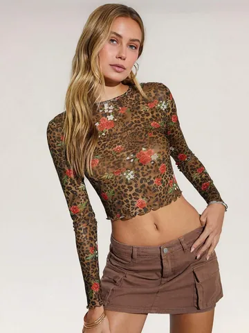 Women Sexy Leopard Floral Print Mesh Long Sleeve Crop Top Crew Neck Lettuce Trim Slim Fit T-shirt Autumn Streetwear Fashion