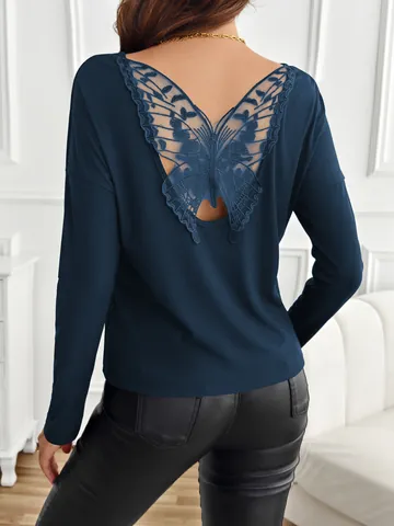 T-Shirt Élégant à Manches Longues Nervurées pour Femmes Patchwork de Dentelle Papillon Dos Nu Top Coupe Ajustée