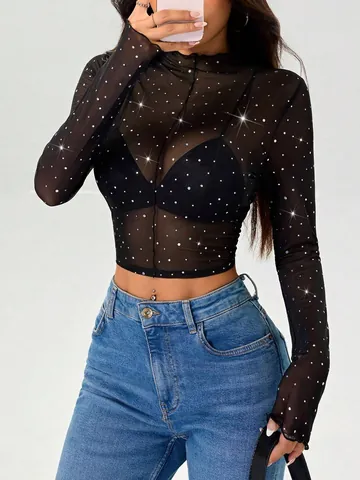 Women Sexy Mock Neck Mesh Transparent T-Shirt Long Sleeve Sequin Rhinestone Crop Top Slim Fit Clubwear Party Top