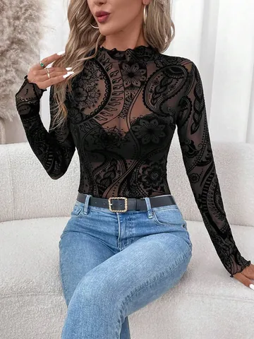 Women Mock Neck Long Sleeve Mesh T-Shirt Black Paisley Flocking Print Slim Fit Top With Lettuce Trim Vintage Elegant Shirt