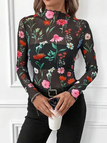 Camiseta de Malla Sexy con Estampado de Leopardo para Mujer Manga Larga Borde de Lechuga Cuello Alto Falso Top Transparente de Poliéster Estampado