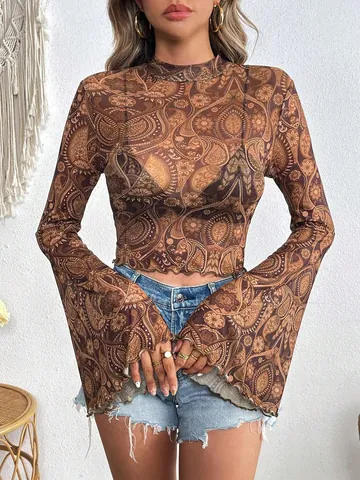 Women Mesh Printed T-Shirt Flare Long Sleeve Round Neck Slim Fit Top Paisley Heart Pattern Retro Sheer Mesh Pullover Shirt