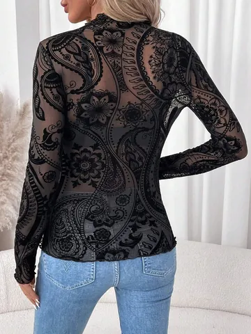 Women Mock Neck Long Sleeve Mesh T-Shirt Black Paisley Flocking Print Slim Fit Top With Lettuce Trim Vintage Elegant Shirt