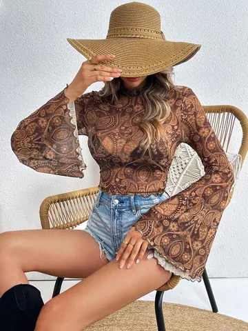 Women Mesh Printed T-Shirt Flare Long Sleeve Round Neck Slim Fit Top Paisley Heart Pattern Retro Sheer Mesh Pullover Shirt