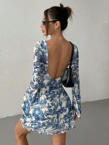 Women's Flare Sleeve Backless Mesh Mini Dress Blue Toile De Jouy Print Slim Fit Party Beachwear Top And Bottom