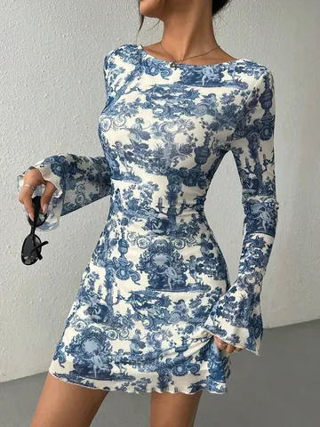Women's Flare Sleeve Backless Mesh Mini Dress Blue Toile De Jouy Print Slim Fit Party Beachwear Top And Bottom