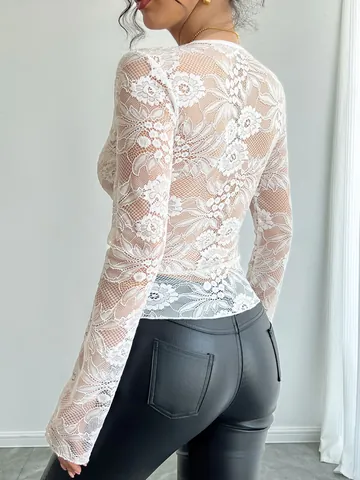 Women's Sexy V-Neck Lace Top Slim Fit Long Sleeve Sheer Floral Mesh T-Shirt For Party Clubwear