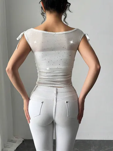 Women Elegant Sequin Mesh Off-Shoulder T-Shirt Ruched Bow Detail Slim Fit Top For Party Daily Wear