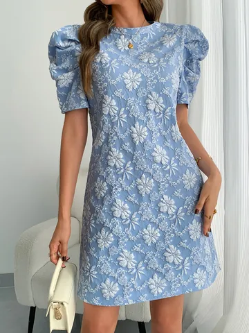 Women's Vintage Puff Sleeve Jacquard Dress Retro Floral Textured Round Neck A-Line Top And Bottom Summer Elegant Party Dress
