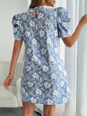 Women's Vintage Puff Sleeve Jacquard Dress Retro Floral Textured Round Neck A-Line Top And Bottom Summer Elegant Party Dress