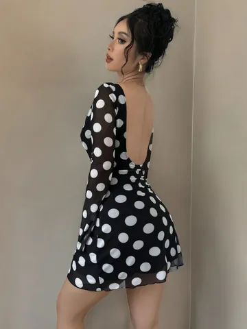Women's Sexy Polka Dot Backless Mesh Flare Sleeve Mini Dress Bodycon Polyester Mesh Stitching Printed Party Dress For Women