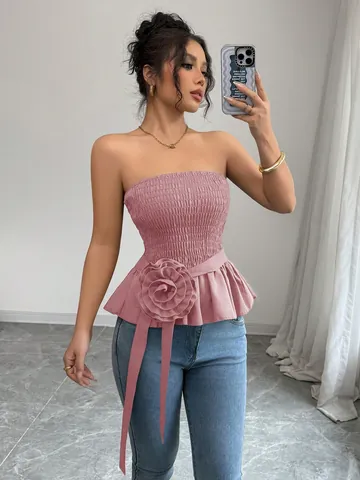 Women French Style Smocked Tube Top With 3D Floral Decoration Peplum Hem Solid Color Strapless Polyester Slim Fit Crop Top