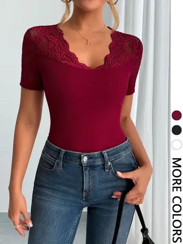 Women Elegant V-Neck Short Sleeve Top Lace Splicing Ribbed Knit Slim Fit Polyester T-Shirt Casual Summer Apparel Solid Color